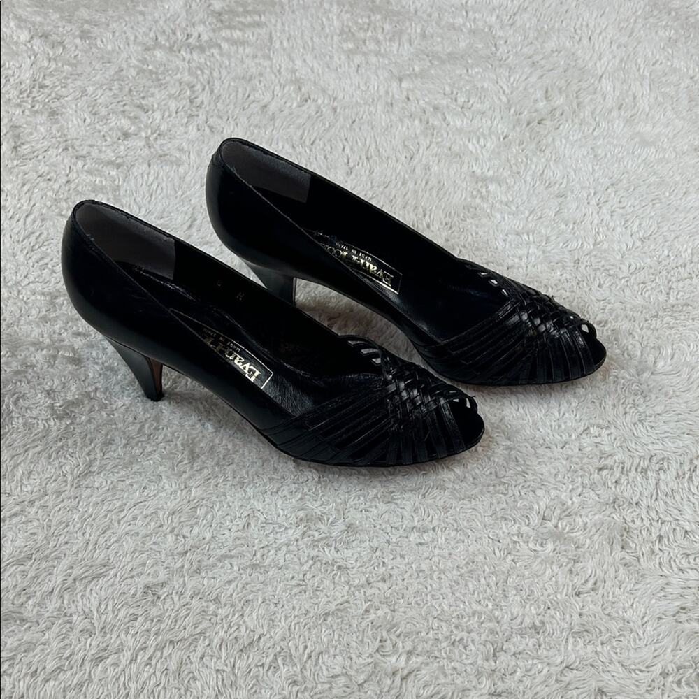 Vintage 80s Evan Picone black lattice peep toe cone heel pumps, size 8 narrow